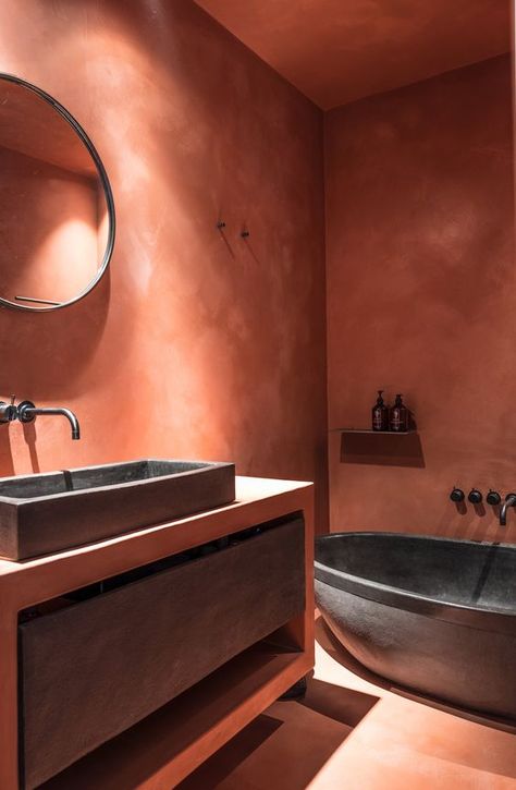 Terracotta Bathroom Walls, Terracotta Fashion, Terracotta Bathroom, Coloured Bathroom, Built In Vanity, Bold Bathroom, Concrete Effect Paint, Orange Bathrooms, Home Design Diy