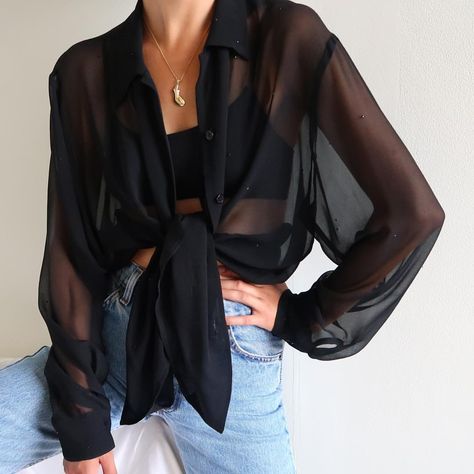 Vintage stunning black 100% silk chiffon sheer button up blouse Black Sheer Top Outfit, Sheer Blouse Outfit, Sheer Shirt Outfits, Sheer Top Outfit, Sheer Black Shirt, Black Sheer Top, Sheer Shirt, Black Lace Dress, Sheer Top