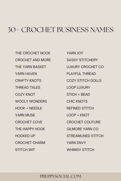 Crochet Business Names That Will Make You Smile   Find the perfect name for your crochet business with this list of 37 catchy and creative ideas. #crochet #crocheting #crafts #business#Aesthetic_Crochet_Business_Names #Names_For_Embroidery_Business #Crochet_Business_Idea #Crochet_Business_Name_Ideas Crochet Username Ideas, Crochet Business Logo Ideas, Crochet Page Name Ideas, Crochet Business Name Ideas, Crochet Brand Name Ideas, Logo For Crochet Business, Business Page Name Ideas, Crochet Names Ideas, Aesthetic Brand Names