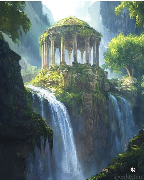 Dnd Ruins Art, Overgrown Ruins Fantasy Art, Fantasy Ancient Ruins, Ancient Ruins Concept Art, Waterfall Fantasy Art, Ruins Concept Art, Fantasy Ruins, Dnd Setting, Overgrown Ruins