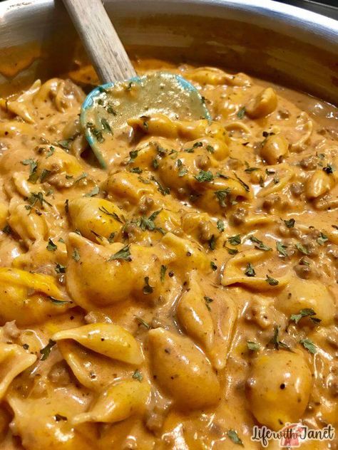 Creamy Beef and Shells Creamy Beef Bowtie Pasta, One Pot Creamy Beef And Shells, Creamy Beef And Pasta, Creamy Beef And Shells Recipe, Creamy Beef And Bowtie Pasta, Creamy Velveeta Beef And Bow Tie Pasta, Creamy Beef And Bow Tie Pasta, Creamy Beef Pasta, Shell Noodles