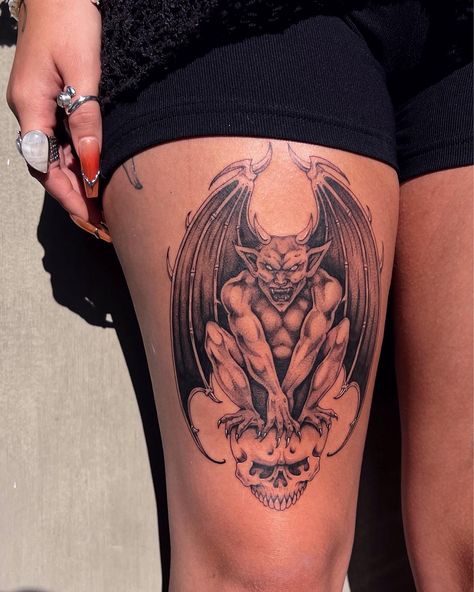 Gargoyle Tattoo For Women, Gargoyle Tattoo, Dope Tattoos, Piercing Tattoo, Thigh Tattoo, Body Tattoos, May 27, Cute Tattoos, Tattoos And Piercings