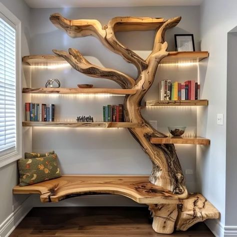 Tree Corner Bookshelf, Modernize Old Home, Corner Bookshelf Diy, Corner Tree Bookshelf, Diy Tree Bookshelf, Tree Branch Shelf, Wooden Book Shelves, Tre Kunst, Tree Bookshelf