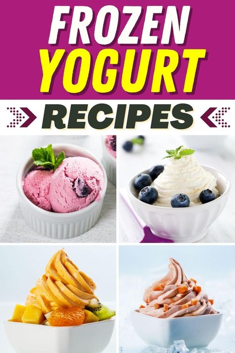 Try these easy frozen yogurt recipes for healthy treats at home! From peanut butter to mango to cookie dough, there's a sweet treat for everyone on this list. Tart Frozen Yogurt Recipe, Homemade Frozen Yogurt Recipes, Recipes Easy Dessert, Fudgesicle Recipe, Peach Frozen Yogurt, Mango Frozen Yogurt, Easy Frozen Yogurt, Frozen Yogurt Blueberries, Frozen Yogurt Recipe