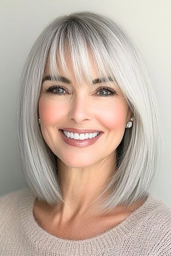 Save this pin for the best silver hair color ideas. This chic silver lob, also known as a long bob, combines manageability with modern style. Wispy bangs soften the look. Grey Shoulder Length Hair, Natural Grey Hair Styles, Silver Hair With Bangs, Style Wispy Bangs, Icy Silver Hair, Gray Hair With Bangs, Silver Hair Color Ideas, Hair Bobs, Haircut Gray Hair