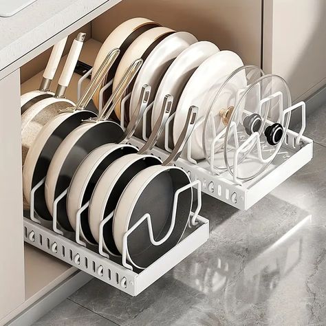 Temu Kitchen, Pull Out Kitchen Cabinet, Under Cabinet Storage, Cabinet Storage Solutions, Cookware Storage, Pot And Pans Organization, Pot Organization, Iron Kitchen, Pan Storage