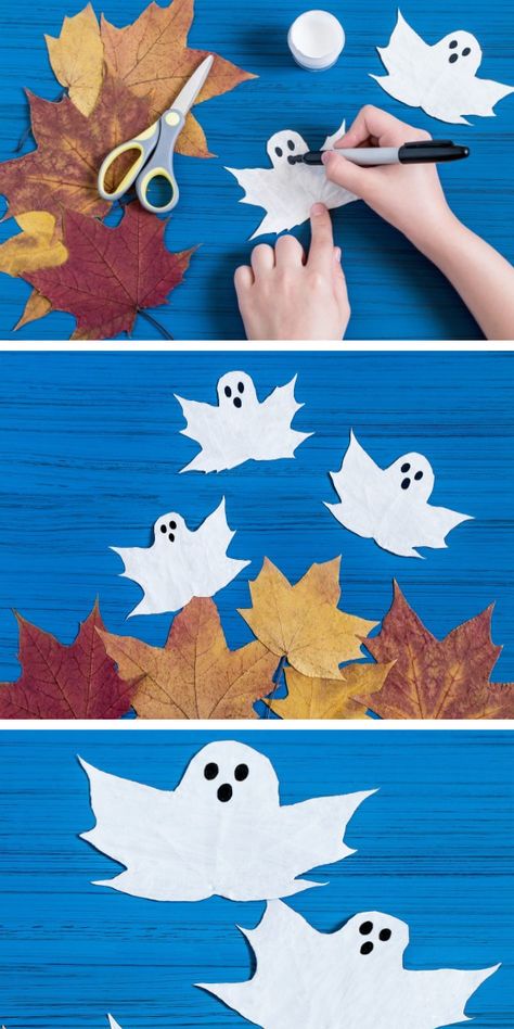 Ghost Crafts Preschool, Painted Ghost, Halloween Bats Crafts, Leaves Craft, Ghost Crafts, Halloween Crafts Preschool, Casa Halloween, Halloween Crafts For Toddlers, Make Halloween