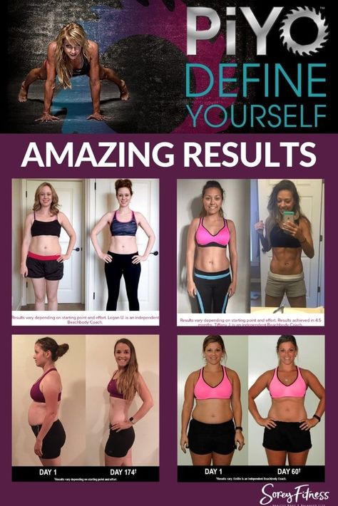 PiYo Results Before and After Pictures - Chalene Johnson's PiYo blends yoga and pilates to help you burn more calories, lose weight and tone up at home with this total body workout! #Workout #workoutathome #piyo #fitness #fit #momlife  #health #wellness #yoga #pilates Piyo Results, Piyo Workout, Slim Yoga, Chalene Johnson, Pilates Moves, Body Transformations, Beachbody Workouts, Yoga Burn, Yoga And Pilates