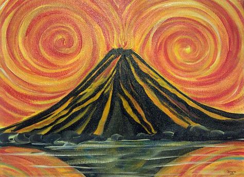 Volcano Display Ks2, Volcano Art Project, Volcano Art For Kids, Volcano Artwork, Natural Disasters Art, Volcano Painting, Volcano Drawing, Volcano Art, Primary School Art