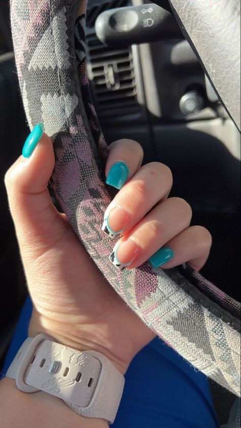 Acrylic Nail Lavender, Cute Summer Country Nails, Cow Print Nails Turquoise, Turquoise Country Nails, Simple Country Nail Ideas, Western Easter Nails, Light Blue Western Nails, Short Square Western Nails, 4h Nails Designs