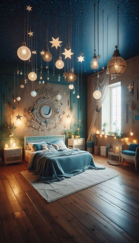 Starlight Room Aesthetic, Cool Room Wallpaper, Celestial Gaming Setup, Starry Bedroom Aesthetic, Space Room For Girls Bedroom, Starry Room Aesthetic, Star Ceiling Bedroom, Astrology Living Room, Planetarium Room