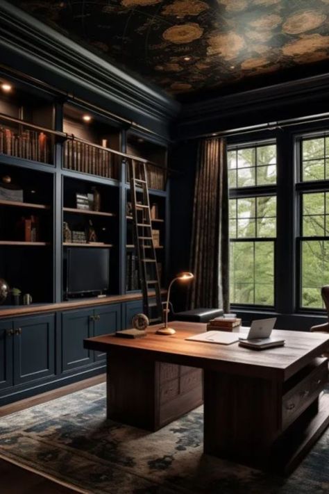 The Very Best Blue Paint Colors For Cabinets - Amanda Lena Design Navy Study Room, Dark Blue Study Room, Dark Moody Blue Paint, Dark Blue Office Design, Navy Blue Study, Dark Blue Office Walls, Boozy Bookstore, Dark Blue Study, Dark Blue Library