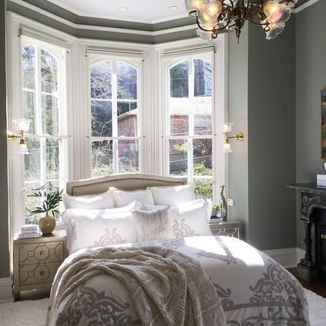 Bed With Bay Window Behind It, Beds By The Window, Bed In Bay Window Bedrooms, Bay Window Behind Bed, Victorian Bay Window Bedroom, Bay Window Small Bedroom, Bed In Front Of Bay Window Ideas, Small Bedroom Bay Window Ideas, Bed Against Bay Window