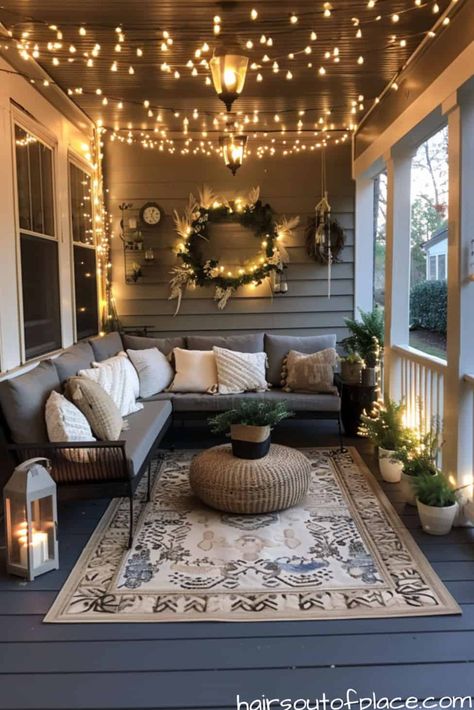 25 Cute & Cozy Small Front Porch Ideas - Hairs Out of Place Back Porch Reading Nook, Trailer Porch Decorating Ideas, Small Screened In Porch Ideas Cozy, Cheap Back Porch Ideas, Screen Porch Ideas On A Budget, Outdoor Screened In Porch Ideas, Outdoor Screen Porch Decor, Shaded Porch Ideas, Landscaping Ideas For Front Porch