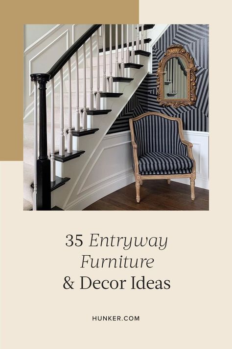 The goal of any entryway should be to make it make it stylish ​and​ functional. Here are 35 ways to do just that. #hunkerhome #entryway #entrywayideas #entrywayfurniture #entrywaydecor Chair Entryway Ideas, Foyer Seating Ideas Entry Ways, Entry Way Ideas With Stairs, Entry Way With Stairs, Entryway Chair Ideas, Entryway Ideas With Stairs Entry Foyer, Foyer Bench Ideas Entry Ways, Foyer Seating Ideas, Foyer Entryway Decor Ideas