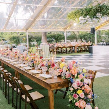 MEGAN & RYAN CURRY Floral Backyard Wedding, Summer Wedding Outside, Colorful Wedding Details, Spring Tent Wedding, Bold Color Wedding Theme, Spring Wedding Venue Ideas, Spring Indoor Wedding, Checkered Dance Floor Wedding, Vintage Garden Wedding Theme