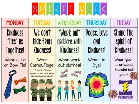 #kindness #spiritweek #kindspirirweek #virtualspiritweek Pta Kindness Week, Spirits Week Ideas, Spirit Days For Preschool, Spirit Week For Workplace, Pta Spirit Week Ideas, Office Spirit Day Ideas, Kindness Week School, Christian School Spirit Week Ideas, End Of Year Spirit Week Ideas