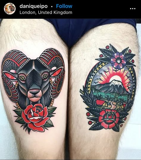 Ram Skull Tattoo Traditional, American Traditional Aries Tattoo, Old School Goat Tattoo, Neo Traditional Goat Tattoo, American Traditional Capricorn Tattoo, Mountain Goats Tattoo, Black Sheep Tattoo Traditional, Ram Tattoo Traditional, American Traditional Thigh Piece