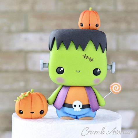 Skull Lollipop, Frankenstein Cake, Cute Frankenstein, Frankenstein Pumpkin, Polymer Clay Halloween, Halloween Cake Topper, Halloween Figures, Halloween Clay, Cake Topper Tutorial