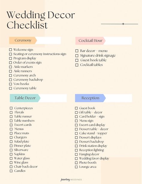 Use This Wedding Decor Checklist to Help You Nail Every Detail Wedding To Buy Checklist, Wedding Supply Checklist, Wedding Checklist To Buy, Wedding Decorations List, Essential Wedding Decorations, Decoration List For Wedding, Things Needed For Wedding, List Of Things For Wedding, Wedding Design Checklist