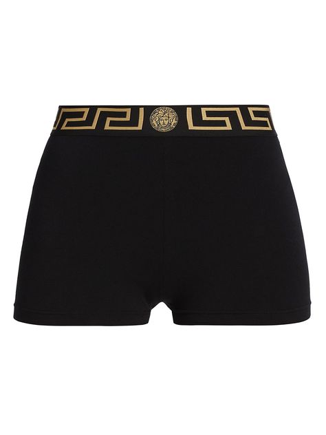 Shop Versace Icon Elasticized Logo Shorts | Saks Fifth Avenue Versace Shorts, Medusa Head, Donatella Versace, Iconic Women, Mini Shorts, Gianni Versace, Fitted Silhouette, Tall Model, Black Mini