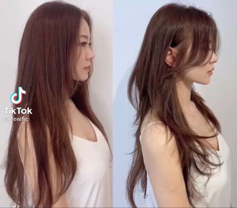 #hair #hairstyles Hush Long Haircut, Wolfcut Hair Thick Hair, Long Haircuts Unstyled, Haircut For Long Hair Korean, Korean Celebrity Hairstyle, Hush Cut Long Hair Straight, Long Hush Cut Straight Hair, Hushcut Hair Long, Long Wolf Cut Unstyled