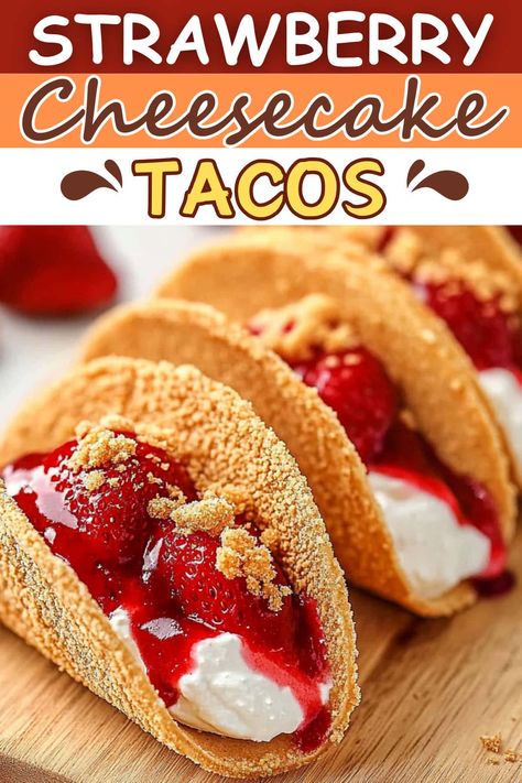 Try these strawberry cheesecake tacos for a fun dessert everyone will love! With a creamy filling and crunchy shells, they're too good to miss. Cheesecake Deviled Strawberries, Strawberry Cheesecake Tacos, Shooters Recipes, Strawberry Oreo Cheesecake, Cheesecake Tacos, Dessert Shooters Recipes, Crisp Recipes, Dessert Taco, Strawberry Cream Pies