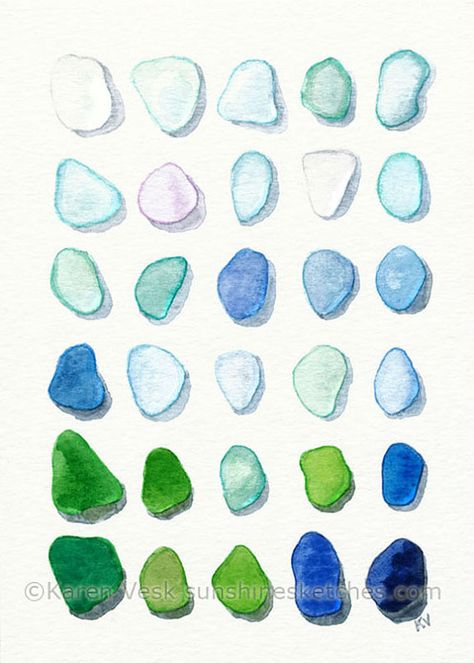 Sea glass original watercolor painting 5 x 7 by SunshineStatements Art Napkins, Sea Glass Jewelry Diy, Glass Art Painting, Surf Painting, Bottle Drawing, Painted Post, Sea Glass Colors, Sea Glass Bracelet, Beach Glass Art