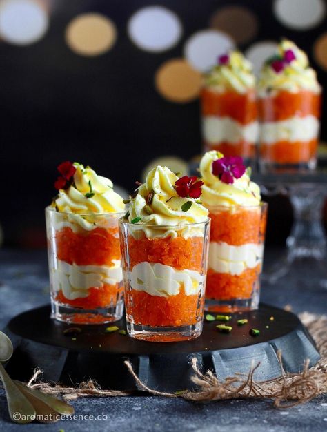 Indian Fusion Finger Food, Motichoor Rabdi Parfait, Indian American Fusion Food, Diwali Dessert Table, Kitty Party Food Ideas Indian, Indian Fusion Sweets, Fusion Indian Food, Fancy Parfait, Booze Truffles