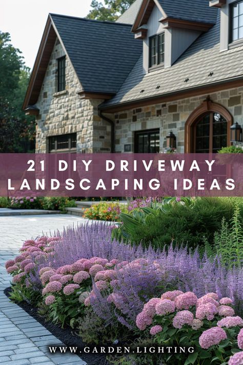 Revamp your driveway with these 21 landscaping ideas! Transform your entrance with lush greenery, elegant pathways, and captivating features 🌿🏡. Driveway Island Ideas, Garden Beside Driveway, Landscape Circular Driveway, Lining Driveway Ideas, Landscape In Front Of Garage, Front Garden Ideas With Drive, Front Driveway Planting Ideas, End Of Driveway Flower Bed Ideas, Landscaping At End Of Driveway