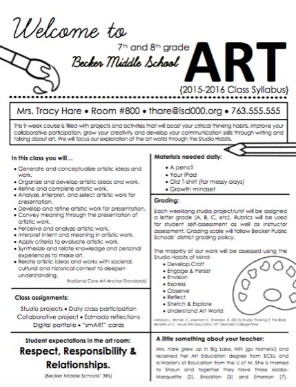 Create a Syllabus That Your Students Will Actually Want to Read | The Art of Education | Bloglovin’ Art Classroom Rules High School, Art Worksheets Printables High School, Middle School Art Curriculum, Elementary Syllabus, Art Class Syllabus, Middle School Art Classroom, Art Lesson Plan Template, Art Class Ideas, Art Syllabus