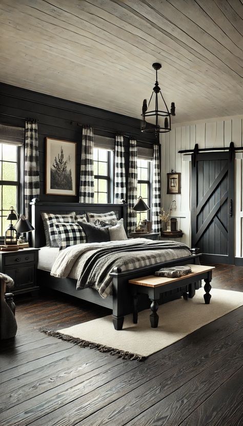 21 Stunning Black Bedroom Decor Ideas That Will Make You Want to Redecorate ASAP 🖤✨ Bedroom Ideas In Black And White, Rustic Black And White Bedroom, Black Walls In Bedroom, Black And White Bedroom Ideas Farmhouse, Vintage Farmhouse Bedroom Ideas, Dark Farmhouse Bedroom, Modern Farm Bedroom, Black Wooden Bed Frame, Black Bedframe Bedroom Ideas