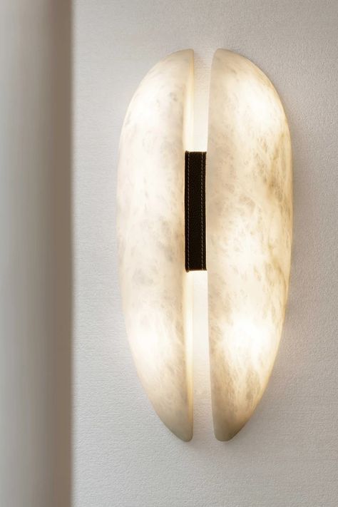 LUNA SCONCE by MICHEL AMAR in ALABASTER with a leather strap Bathroom Interior Design Luxury, Wall Lamp Design, Acrylic Wedding Invitations, Hospital Design, Area Lighting, Brass Texture, Interiors Dream, Lighting Collections, Lamp Design