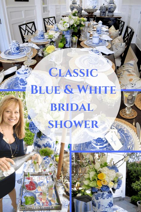 Elegant Blue and White Bridal Shower - Classic Casual Home #showers #blueandwhite #parties #bridalshower #tablesettings Blue White Centerpieces Wedding, Chinoiserie Shower Theme, Ginger Jar Bridal Shower Decor, Chinoiserie Bridal Shower Ideas, Bridal Luncheon Tablescape, Blue Willow Bridal Shower Ideas, Wedding Shower Blue And White, Blue And White Bridal Shower Decorations, Bridal Shower Tablescape Ideas