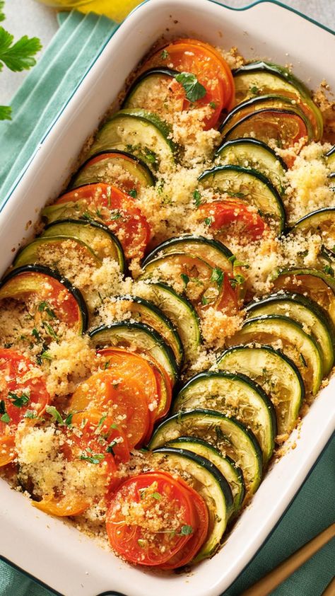 This healthy gratin recipe is a low-carb dish in which thinly sliced zucchinis and tomatoes are layered in a casserole dish and sprinkled with breadcrumbs, garlic and olive oil. This easy zucchini recipe is a perfect side dish, light meal or healthy dinner recipes quick easy healthy. Zucchini Tomato Bake, Tomato Gratin Recipe, Zucchini Tomato Casserole, Tomato Gratin, Zucchini In The Oven, Zucchini And Tomato, Sliced Zucchini, Zucchini Gratin, Zucchini Casserole Recipes