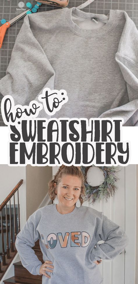 Learn how to embroider on a sweatshirt with a single needle embroidery machine. Any machine can be used to embroider a sweatshirt, get tips for sweatshirt embroidery with this DIY tutorial. Use your single needle embroidery machine to create fun custom shirts. Embroidery Ideas To Sell Products, Applique On Sweatshirt, Machine Embroidery Sweatshirts, Diy Mama Sweatshirt, Reverse Embroidery Sweatshirt, Diy Applique Sweatshirt, Sweatshirt Diy Refashioning, How To Embroider A Sweatshirt, Sweatshirt Applique Diy Ideas