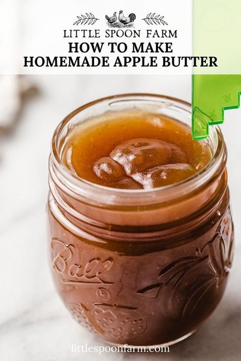 Homemade apple butter recipe, with step-by-step, stovetop and slow cooker instructions. A deliciously smooth  fruit butter that is perfect for spreading on sourdough toast! This recipe makes 6 half-pint or 3 pint jars.