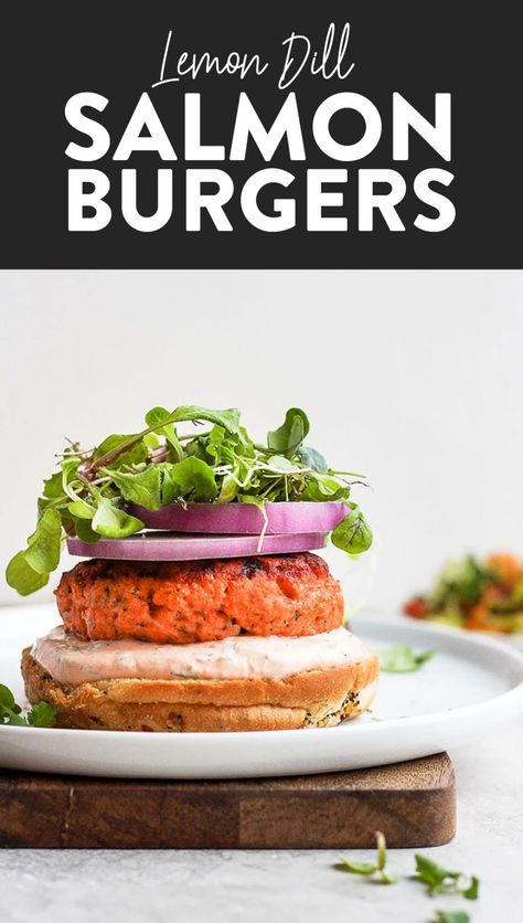 Meet the burgers of your dreams! These Lemon Dill Salmon Burgers with a sriracha aioli are savory, delicious and packed with protein and healthy omega 3s. Jazz up a weeknight dinner or wow your dinner guests tonight.