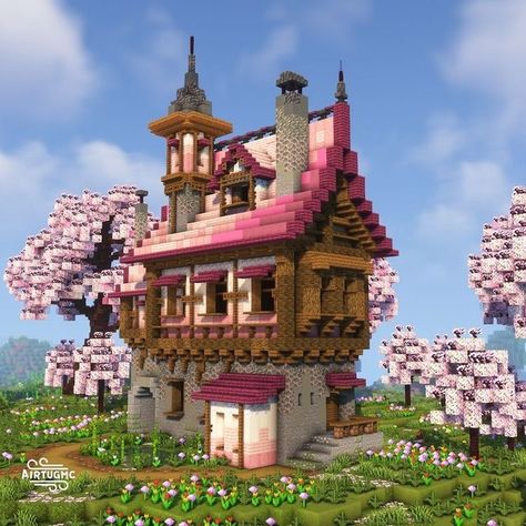 Minecraft Cherry Blossom Castle Ideas, Minecraft 1.20 House Ideas, Cheery House Minecraft, Minecraft 1.20 Builds Cherry Blossom, Cherry Blossom Staircase Minecraft, 1.20 House Minecraft, Cherry Blossom Wood Builds Minecraft, Cherry Blossom House Ideas Minecraft, Cute Minecraft Houses Cherry Blossom