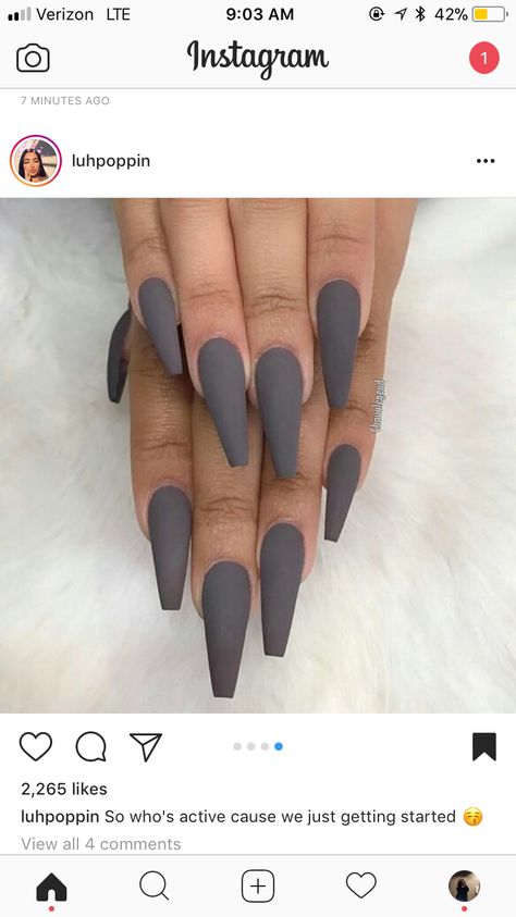 Matte Grey Nails Coffin, Matt Grey Nails, Grey Nails Matte, Matte Grey Nails, Coffin Art, Grey Matte Nails, Matte Acrylic Nails, Nails Grunge, Grey Acrylic Nails