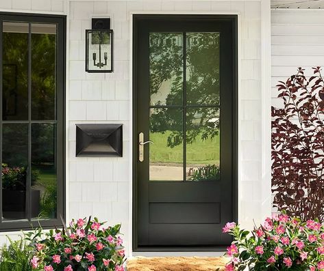 New Front Door For Your Home | Pella Pella Doors Front Entry, Black Double Front Doors, Black Steel Front Door, Front Door With Windows, Wood Glass Front Door, Rustic Farmhouse Front Door, Steel Front Doors, Entry Door Styles, Pella Doors