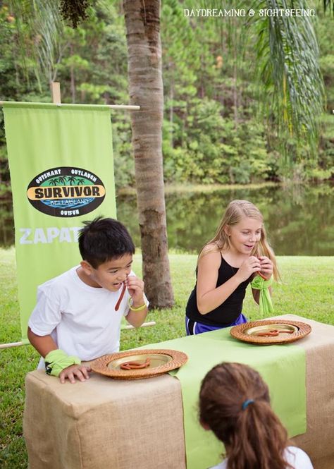 "Survivor" Inspired Party Gross Food Challenge, Survivor Activities, Survivor Party Food Ideas, Survivor Food Ideas, Diy Survivor Challenges, Survivor Party Games, Survivor Challenges, Survivor Theme, Survivor Idea