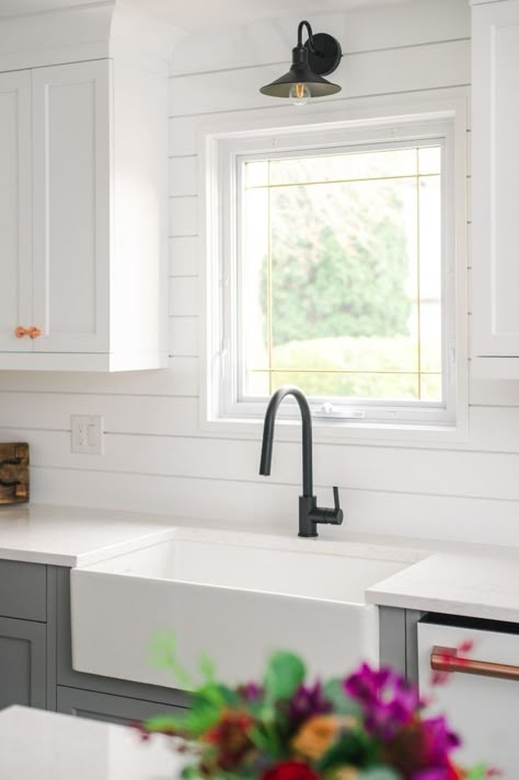 #Kitchen #KitchenInspo #Backsplash #ShiplapBacksplash #ModernShiplap #KitchenRenovation Shiplap Kitchen With Tile Backsplash, Using Shiplap As Kitchen Backsplash, Shiplap With Tile Backsplash, White Wood Kitchen Backsplash, Backsplash Shiplap Kitchen, Shiplap And Brick Backsplash Kitchen, White Kitchen Cabinets With Shiplap Backsplash, White Wood Backsplash, Shiplap Farmhouse Kitchen