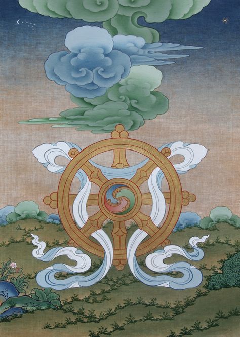 Wheel of Dharma by Tashi Dhargyal Tibetan God, Dharma Chakra, Wheel Of Dharma, Eightfold Path, Tibetan Symbols, Tibet Art, Thangka Art, Buddhist Art Drawing, Buddhist Symbols