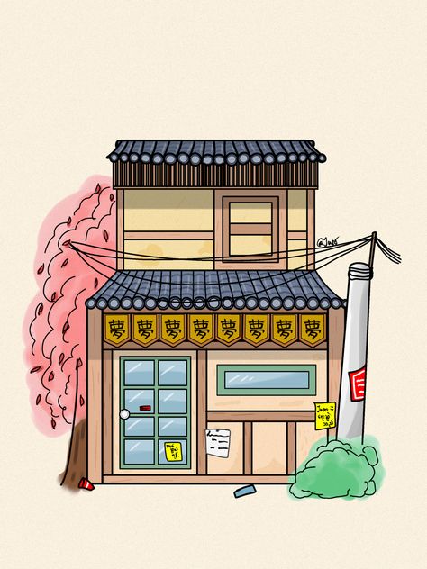 Drawing Japanese House, Japanese House Drawing Easy, Japanese House Drawing, Art House Design, Simple House Drawing, Houses Art, Colour Drawing, House Cartoon, City Japan