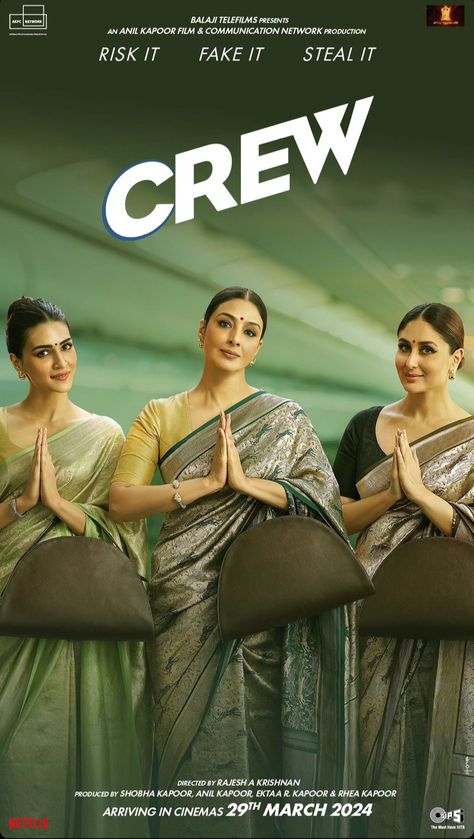 Crew Bollywood Movie starring Tabbu Kareena Kapoor Khan Kriti Sanon Diljit Dosanjh Coachella valley Diljit Dosanjh Wallpaper movie poster Hindi Language Movie Sonam Kapoor Anil Kapoor Crew Bollywood Movie, Crew Kareena Kapoor, Crew Movie Kareena Kapoor, Hindi Movies To Watch, Movie Character Outfits, Movie Character Posters, Best Bollywood Movies, Netflix India, Prime Movies