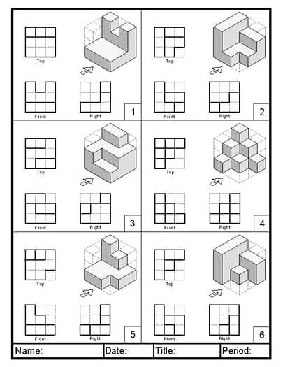 Orthographic Projection Practice One by CAD Shop by CADesigns | TPT Orthographic To Isometric Drawing, Isometric Practice, Orthographic Projection Drawing, Isometric Sketch, Isometric Shapes, Orthographic Projection, Orthographic Drawing, Diy Crafts For School, Robot Design Sketch