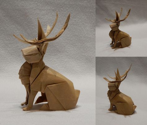 https://flic.kr/p/yx5BM4 | JACKALOPE | Design par Satoshi Kamiya Plié par moi avec papier de soie métallisé de 40x40 cm Jackalope Humanoid, Jackalope Mount, Jackalope Embroidery, Jackalope Crochet Pattern, Origami Japanese, Jackalope Sculpture, Japanese White, Origami Artist, Origami Models