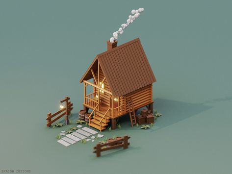 Low Poly Isometric, Cat Shrine, Stardew Valley Fanart, Isometric Map, Japanese Shrine, Low Poly Games, Modern Graphic Art, Cartoon House, Vintage House Plans