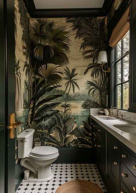 Victorian Bathroom Sophistication Ceiling mounted chandelier in a Victorian bathroom Tropical Decor Bathroom, Small Bathroom Dark Green, Tropical Powder Room Ideas, British Colonial Bathroom Ideas, British Colonial Style Bathroom, Botanical Bathroom Ideas, Modern Tropical Bathroom, Colonial Bathroom Ideas, Colonial Style Bathroom